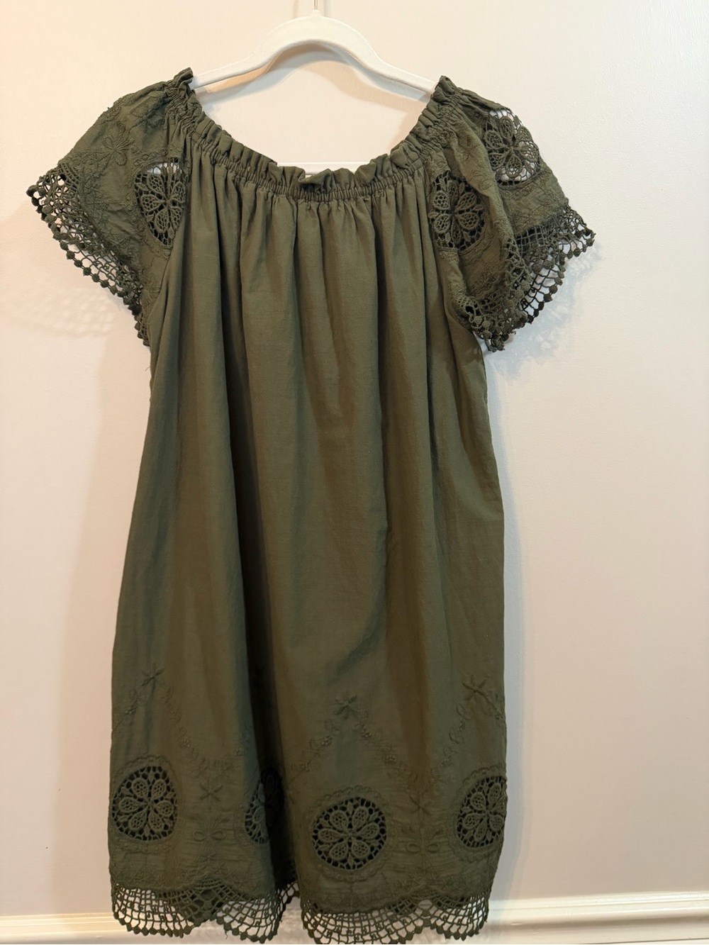 Olive Green Crochet-Trim Off-Shoulder Mini Dress